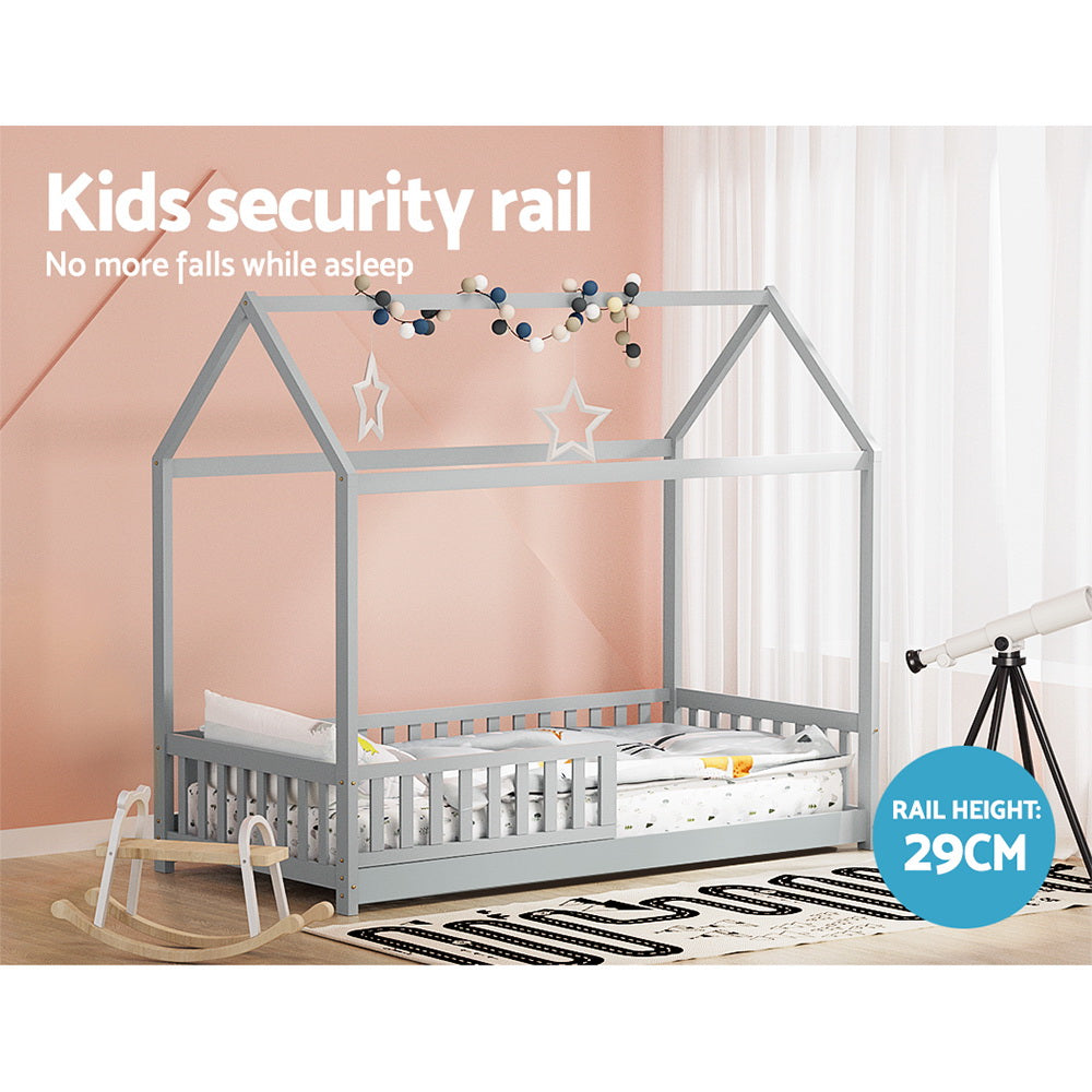 Rock Single Kids House Bed Frame Pine Wood Grey