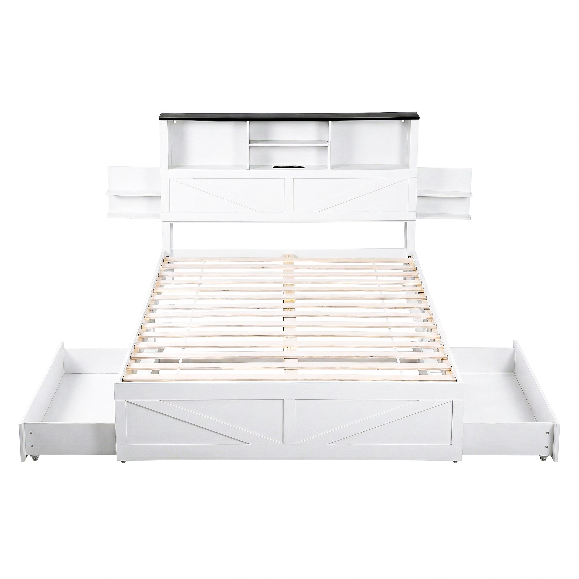 Artiss Double Bed Frame with Storage Drawers White Platform Bedframe with Bookcase Headboard Charging Station Led Light