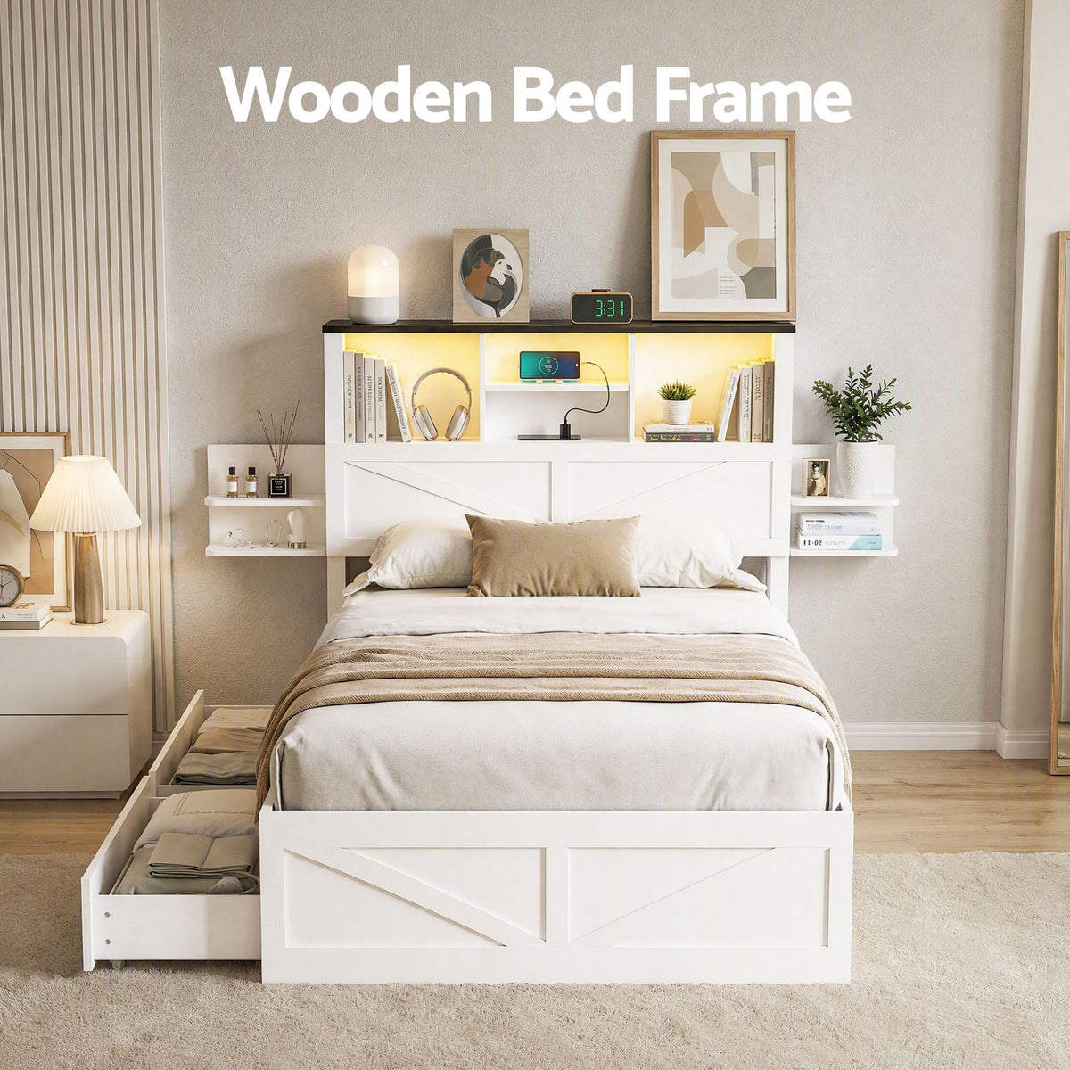 Artiss King Single Bed Frame with Storage Drawers White