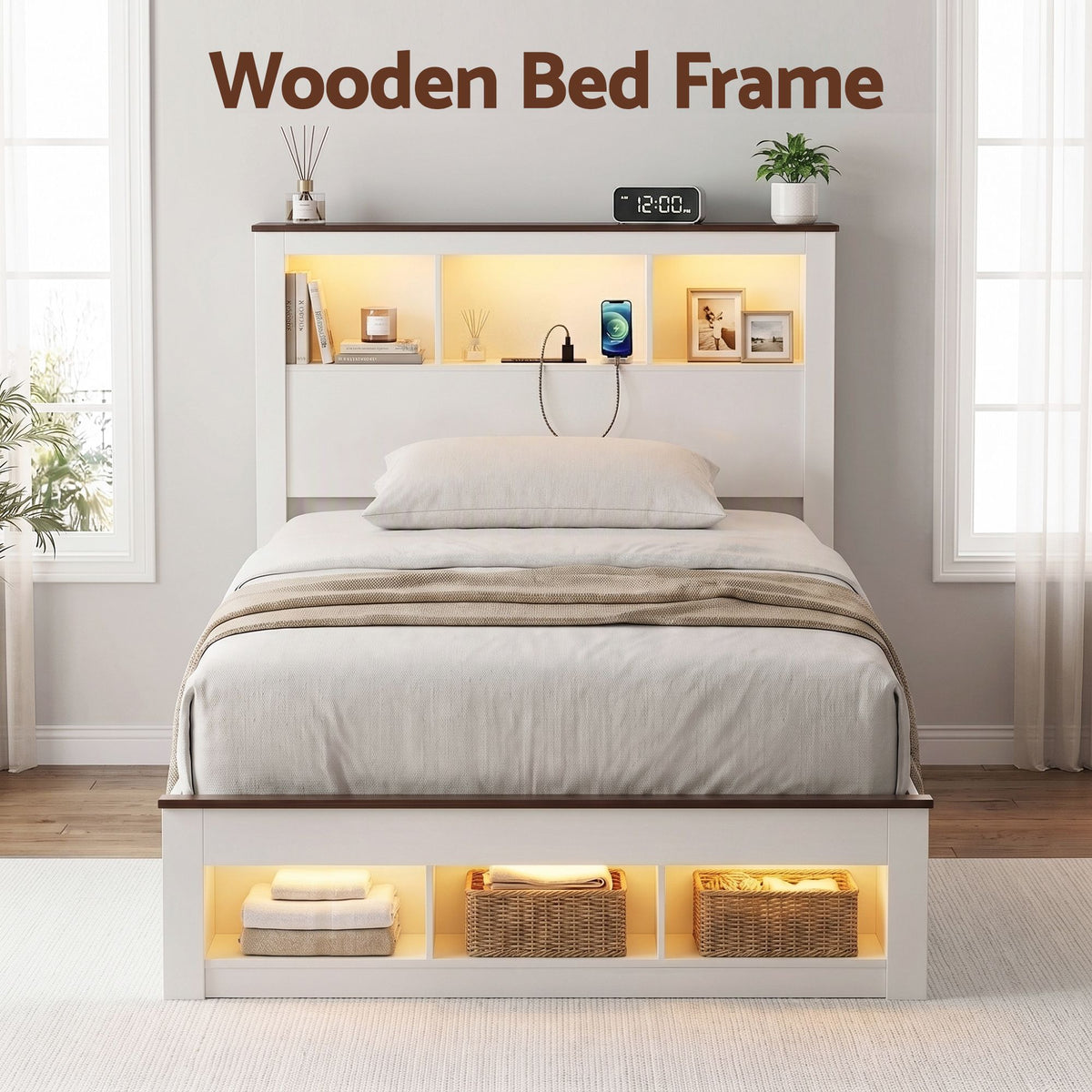 Artiss Single Bed Frame with Storage Headboard and Footboard, White
