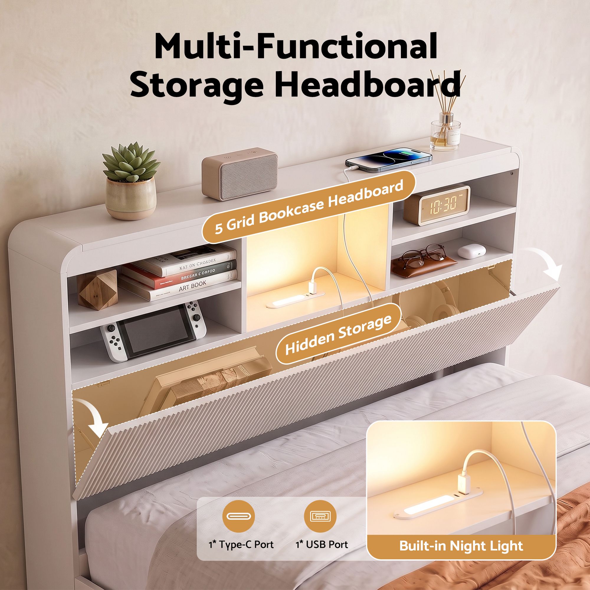 Artiss King Single Bed Frame with Storage, 4 Drawers, USB and Night Light White