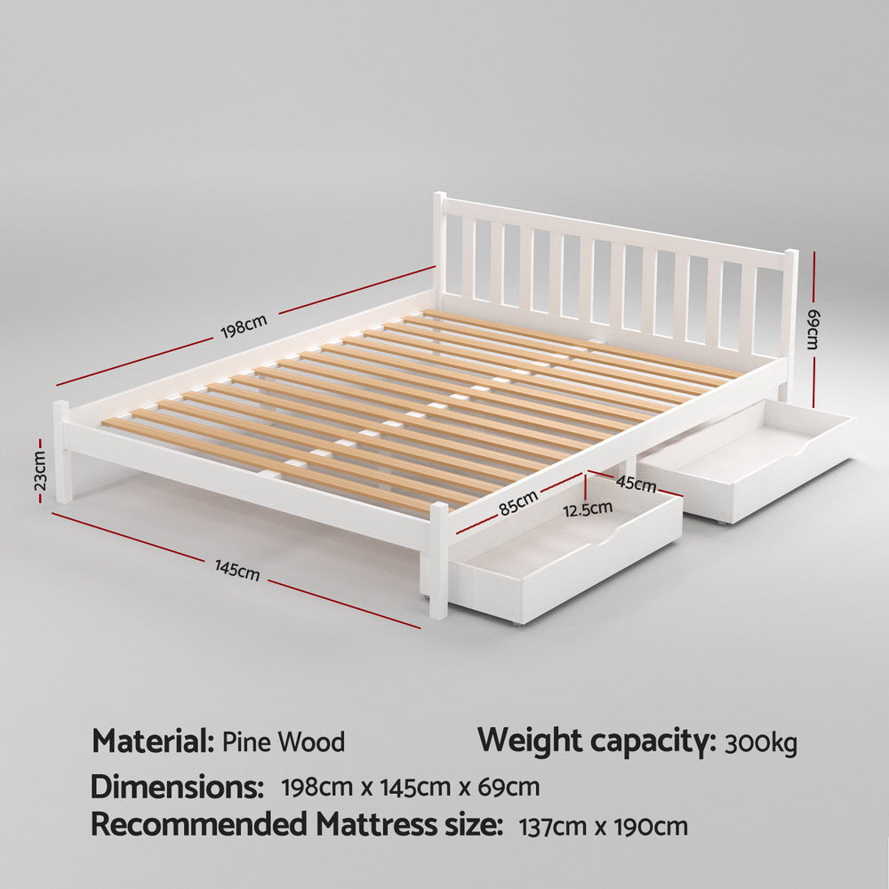 Sofie Double Wooden Platform Bed Frame 2 Storage Drawers White