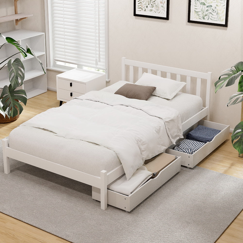 Sofie King Single Wooden Platform Bed Frame 2 Storage Drawers White