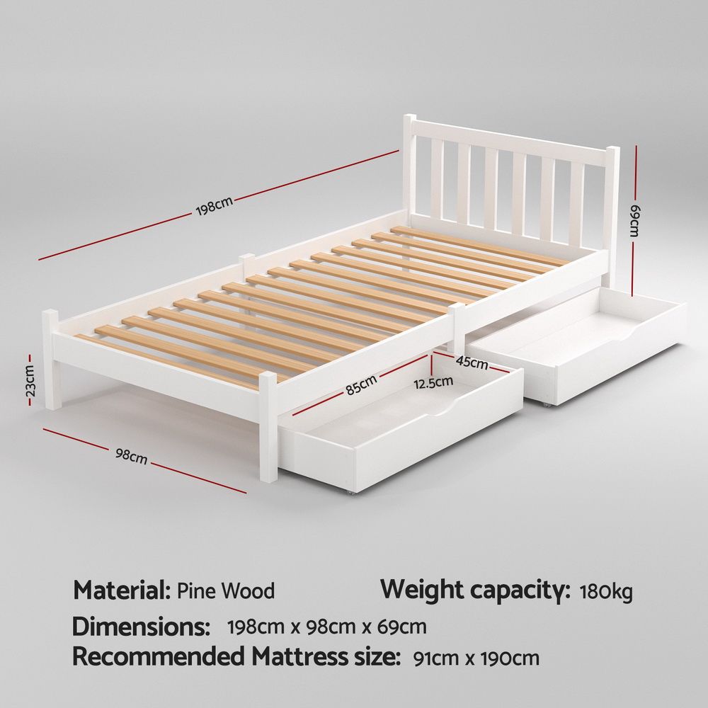 Sofie Single Platform Bed Frame with 2 Storage Drawers White