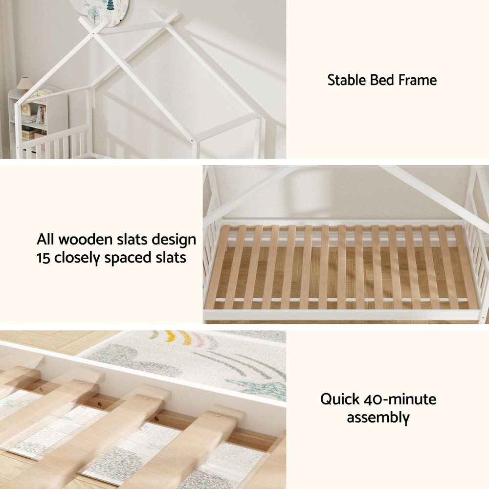 Artiss Kids Single House Bed Frame Wooden Base White