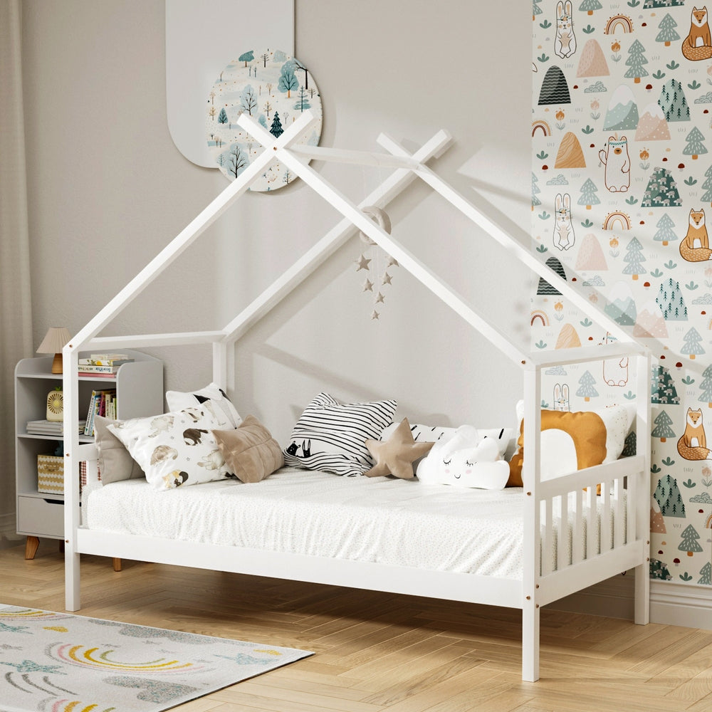 Artiss Kids Single House Bed Frame Wooden Base White
