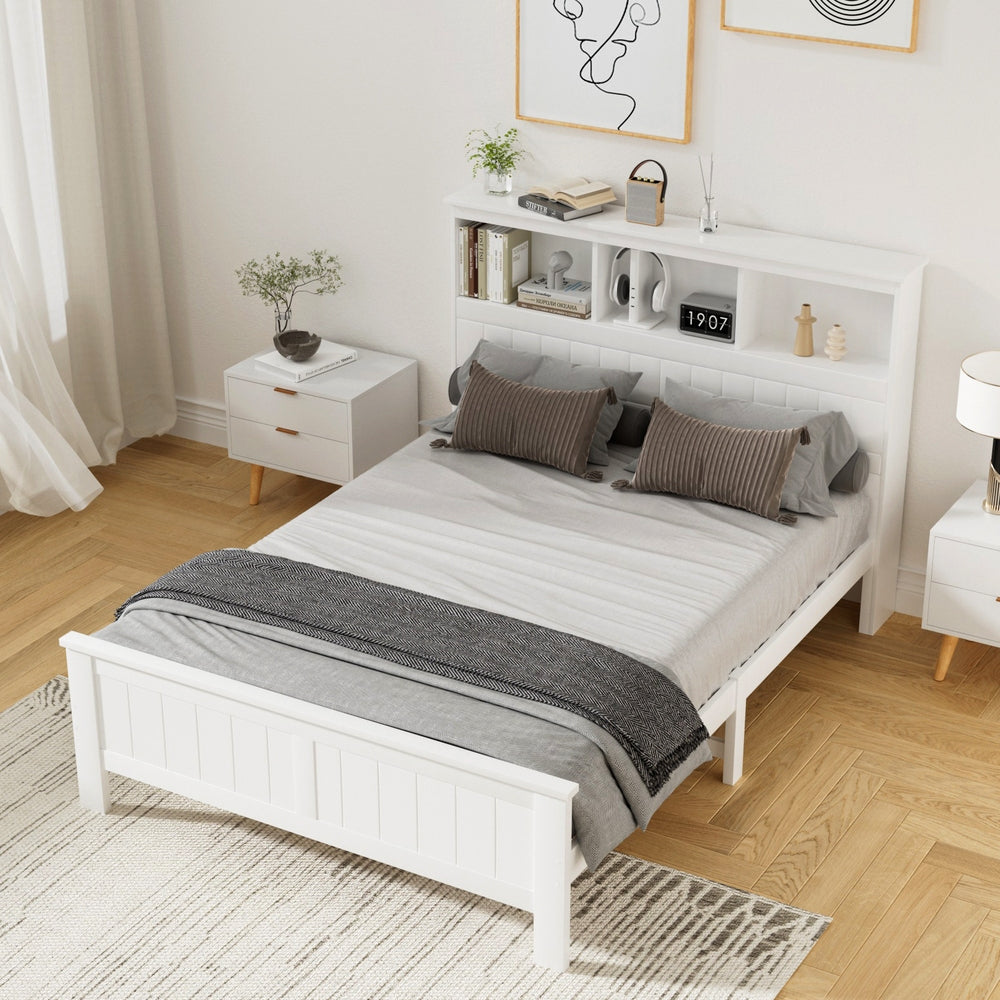 Conqueror Double Bed Frame Pine Wood with 3 Shelves Headboard White