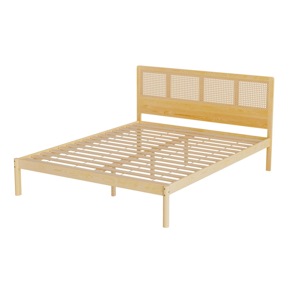 RITA Queen Bed Frame Rattan Wooden Pine