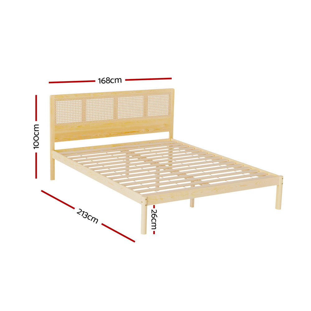 RITA Queen Bed Frame Rattan Wooden Pine