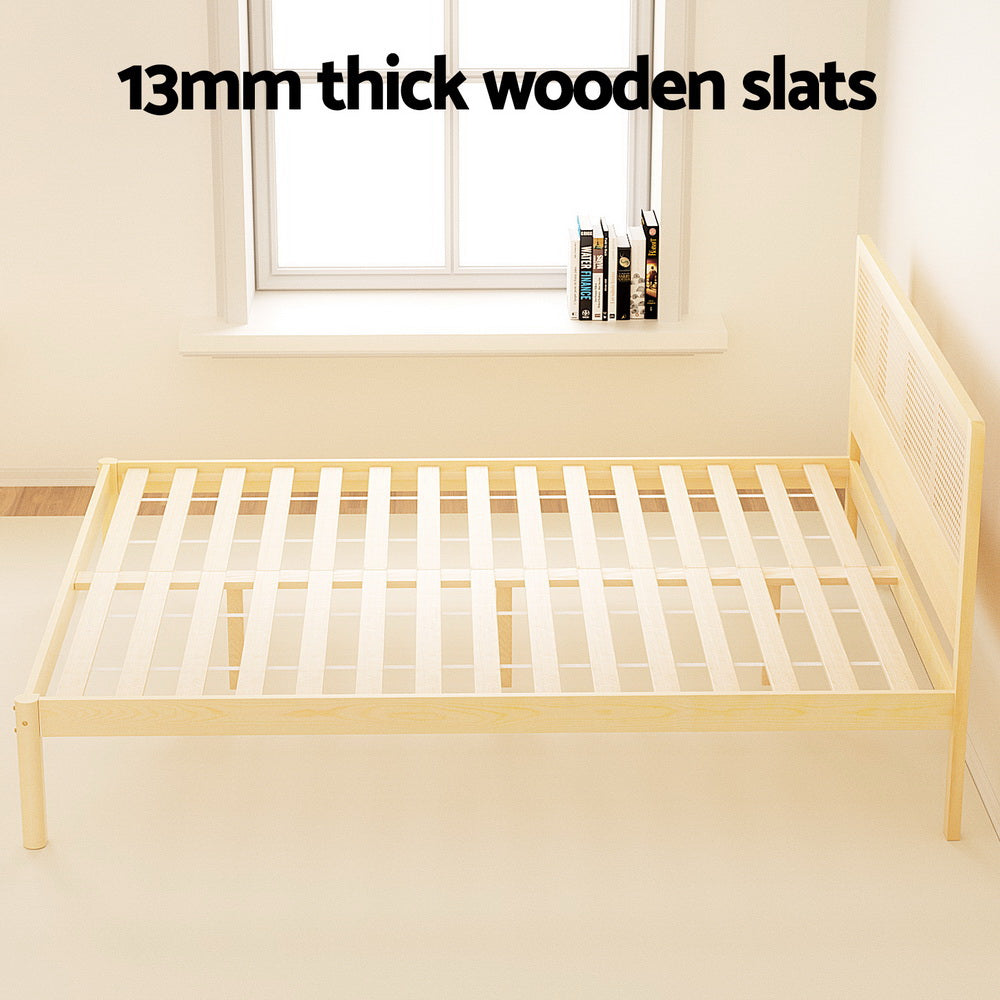 RITA Queen Bed Frame Rattan Wooden Pine