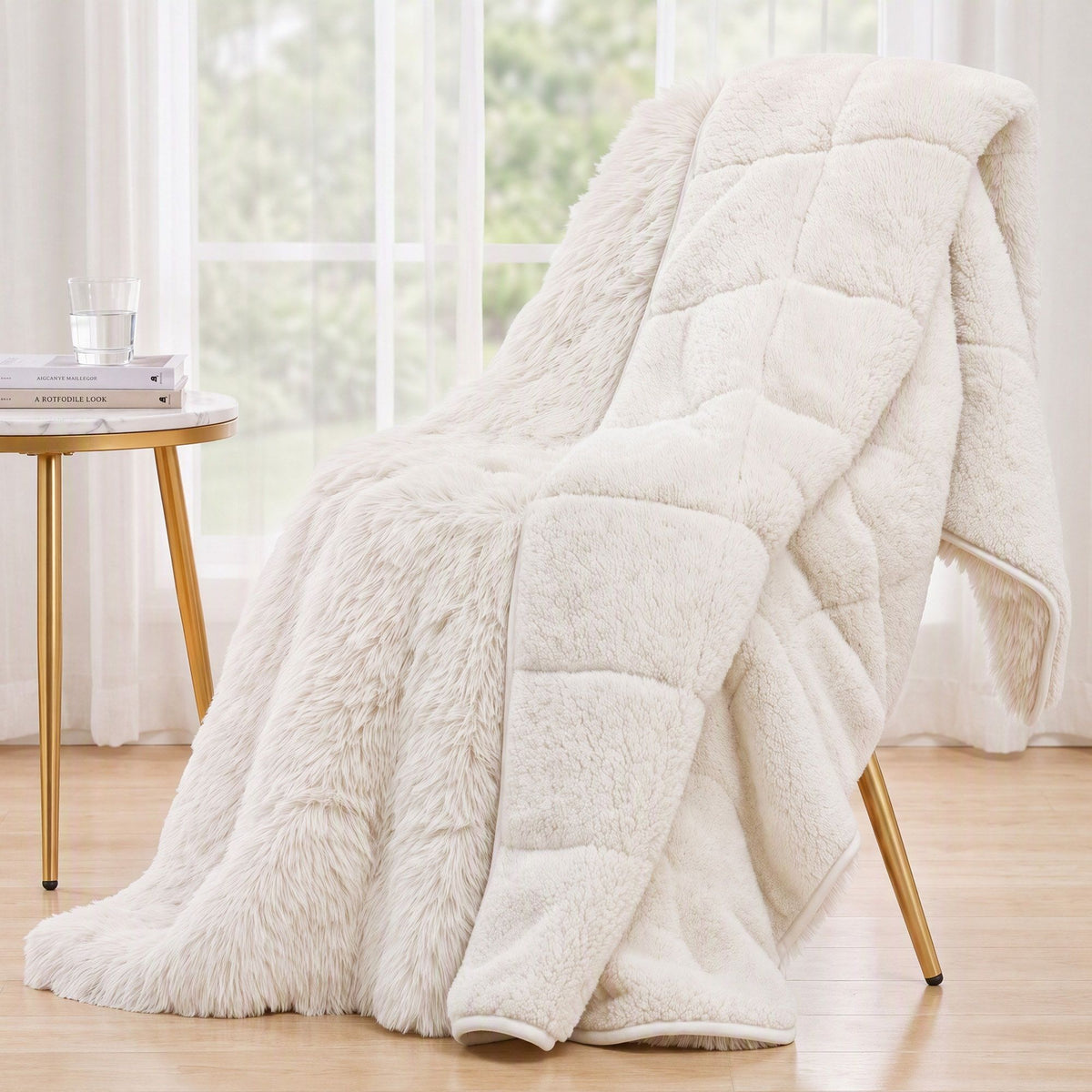 Giselle Faux Fur Weighted Blanket 2 Sided Long Pile Sherpa Reverse Cream 6.8KG 120 x 180cm