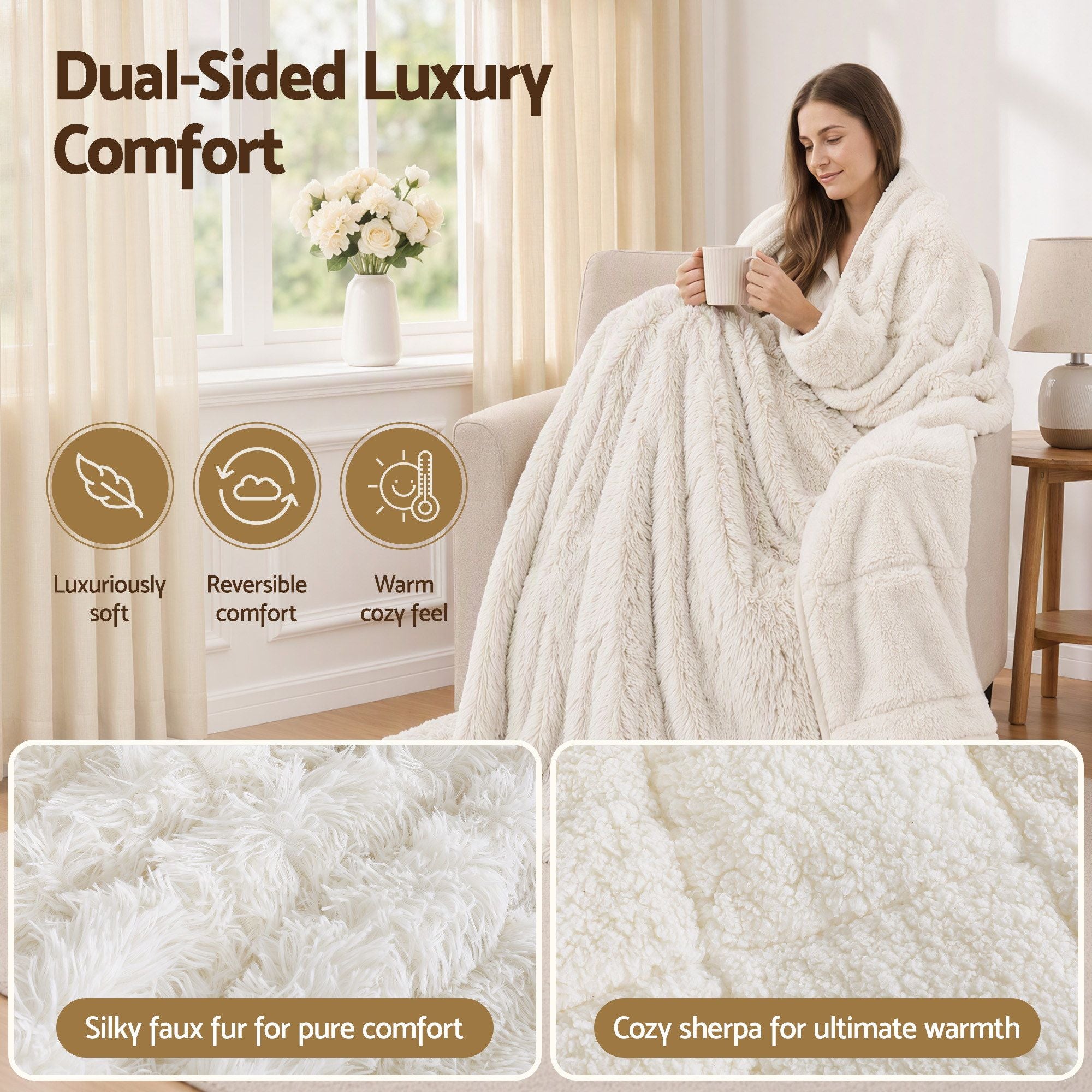 Giselle Faux Fur Weighted Blanket 2 Sided Long Pile Sherpa Reverse Cream 6.8KG 120 x 180cm