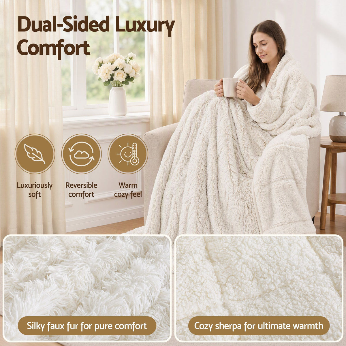 Giselle Faux Fur Weighted Blanket 2 Sided Long Pile Sherpa Reverse Cream 11KG 152 x 203cm
