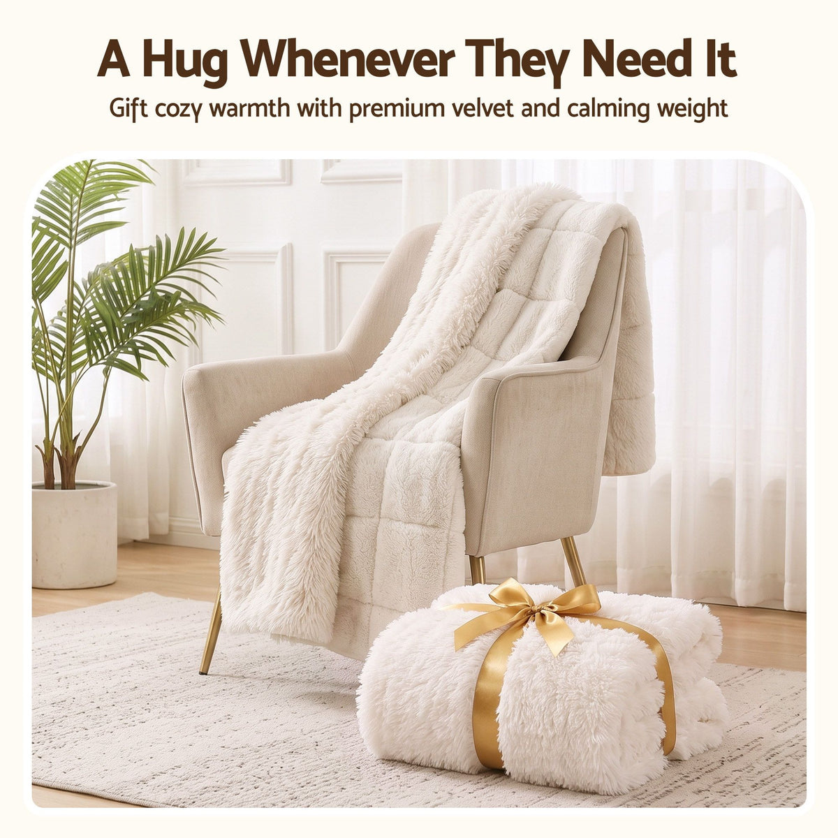 Giselle Faux Fur Weighted Blanket 2 Sided Long Pile Sherpa Reverse Cream 11KG 152 x 203cm