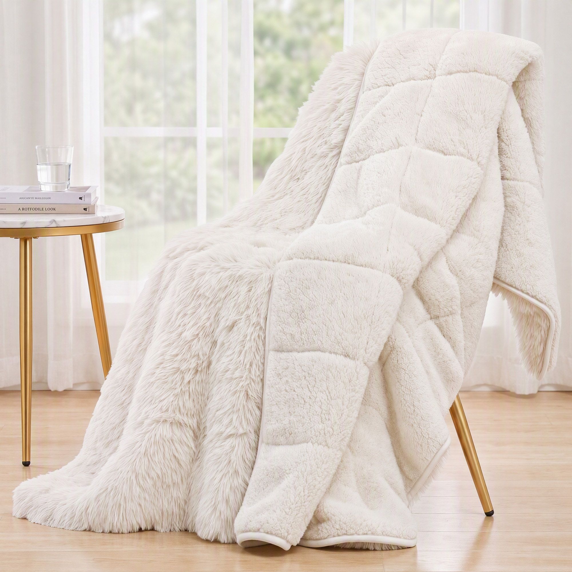 Giselle Faux Fur Weighted Blanket 2 Sided Long Pile Sherpa Reverse Cream 9KG 152 x 203cm