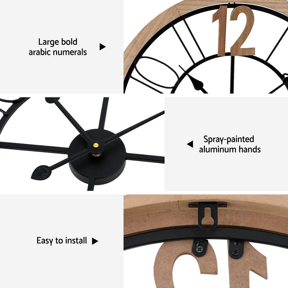 Artiss 60cm Wall Clock Metal MDF Black Pine
