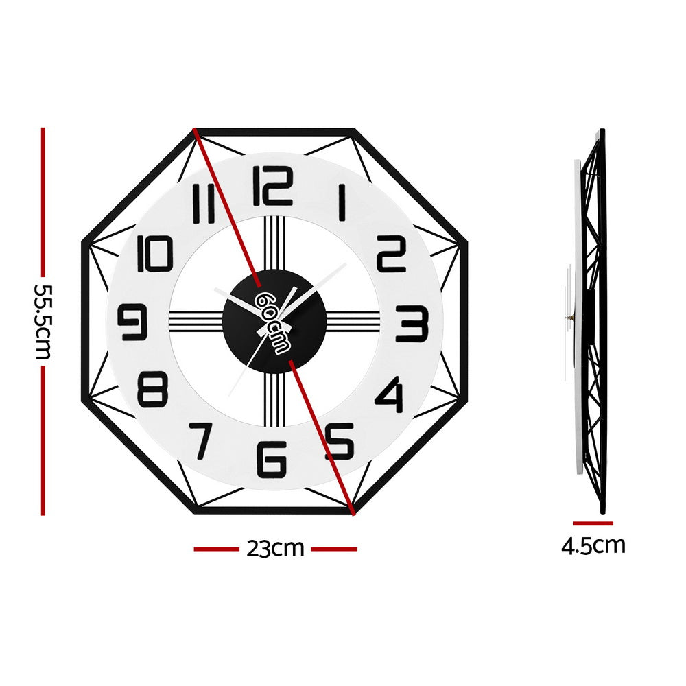 Artiss 60cm Wall Clock Octagon Metal Black & White