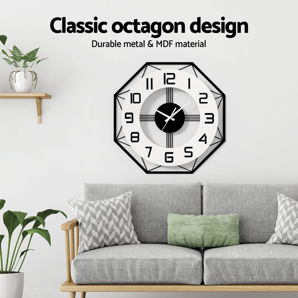 Artiss 60cm Wall Clock Octagon Metal Black & White