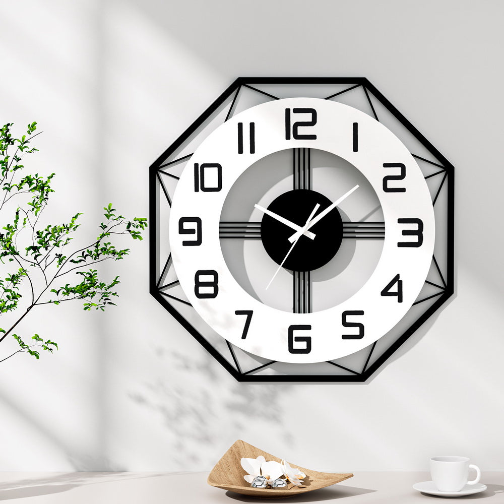 Artiss 60cm Wall Clock Octagon Metal Black & White