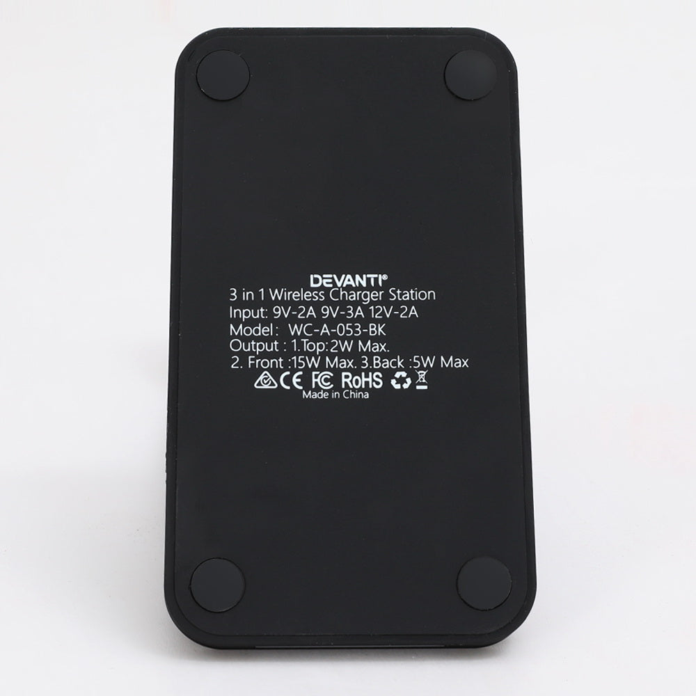 Devanti 15W Fast Charging 3-in-1 Wireless Charger Dock Black