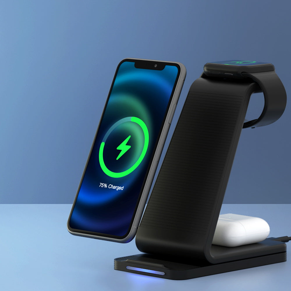 Devanti 15W Fast Charging 3-in-1 Wireless Charger Dock Black