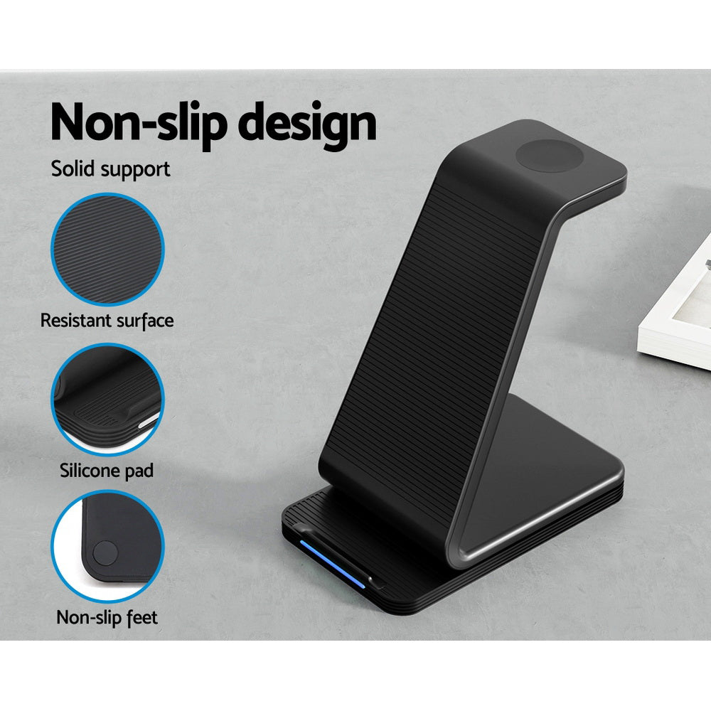 Devanti 15W Fast Charging 3-in-1 Wireless Charger Dock Black