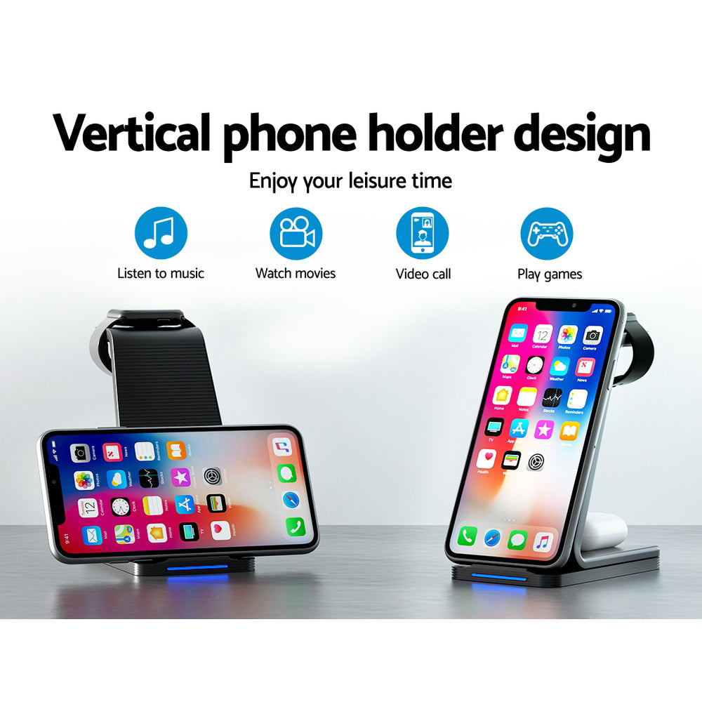 Devanti 15W Fast Charging 3-in-1 Wireless Charger Dock Black