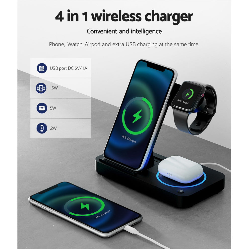 Devanti 4-in-1 Wireless Charger Station Fast Charging Black