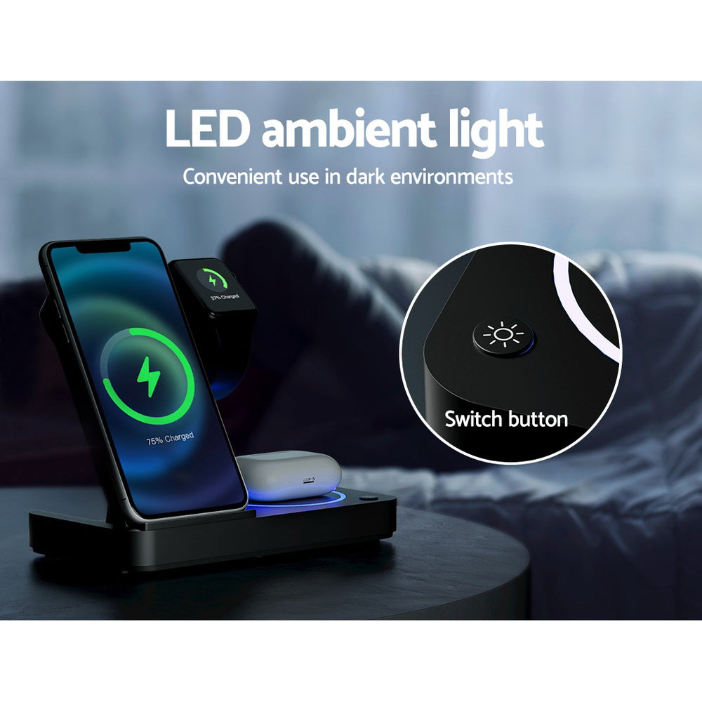 Devanti 4-in-1 Wireless Charger Station Fast Charging Black