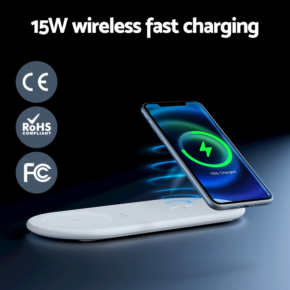 Devanti 3-in-1 Wireless Charger 15W Fast Charging RGB Light Bluetooth Speaker White