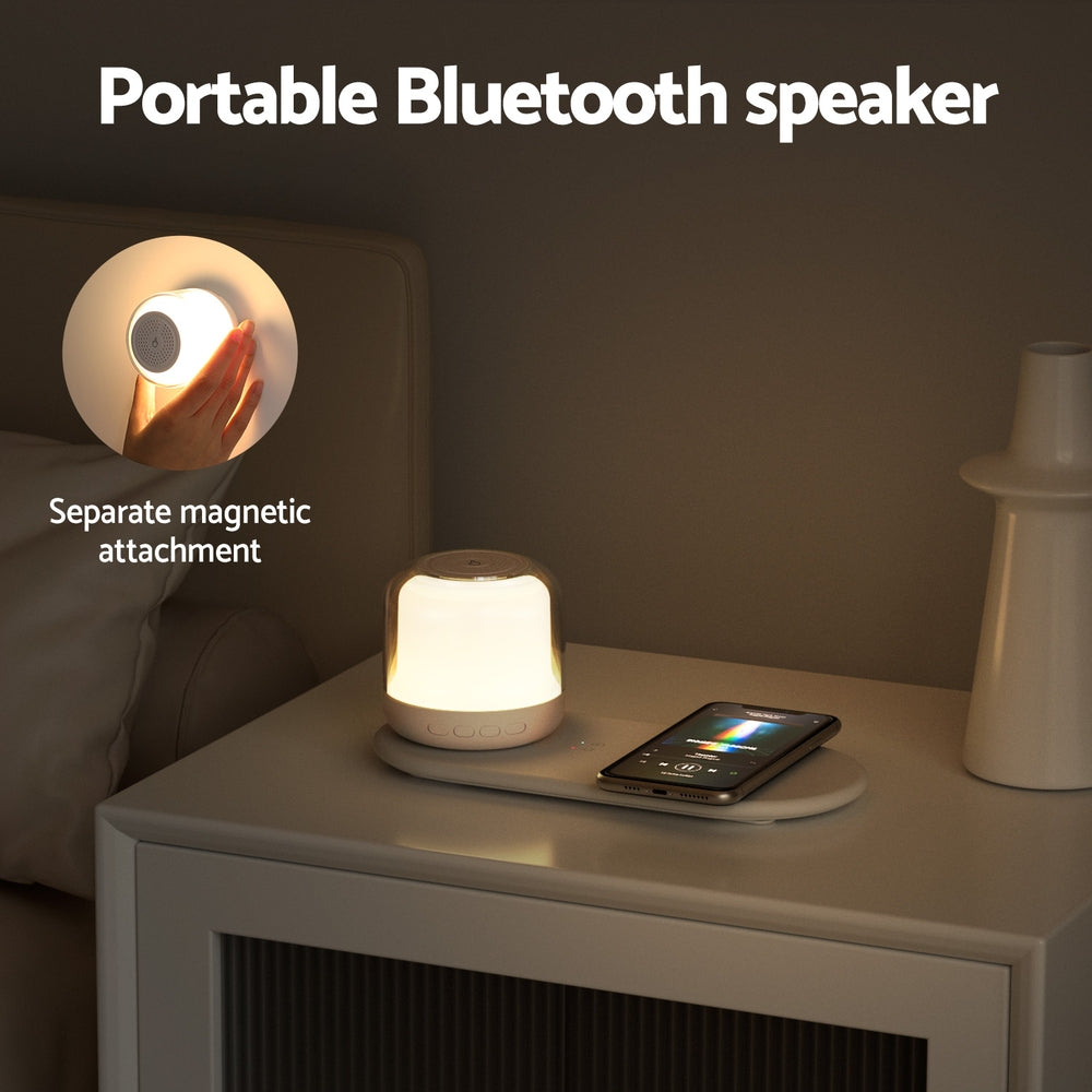 Devanti 3-in-1 Wireless Charger 15W Fast Charging RGB Light Bluetooth Speaker White