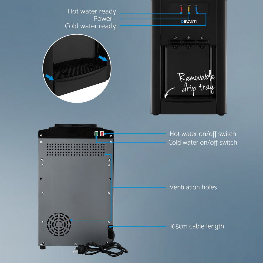 Devanti Water Cooler Dispenser Bench Top 22L Three Taps Black