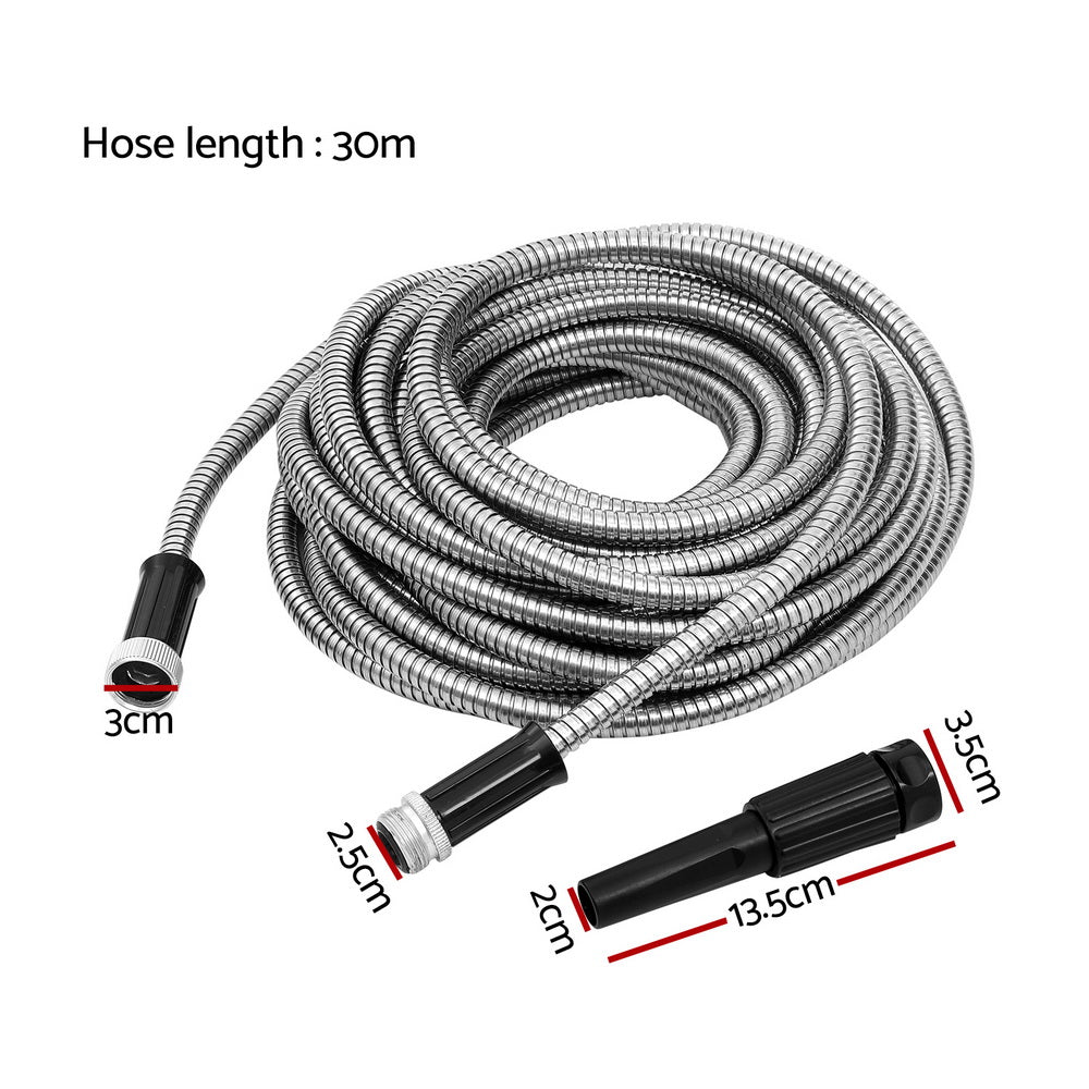 30m Stainless Steel Water Hose, 6-Pattern Nozzle - Giantz