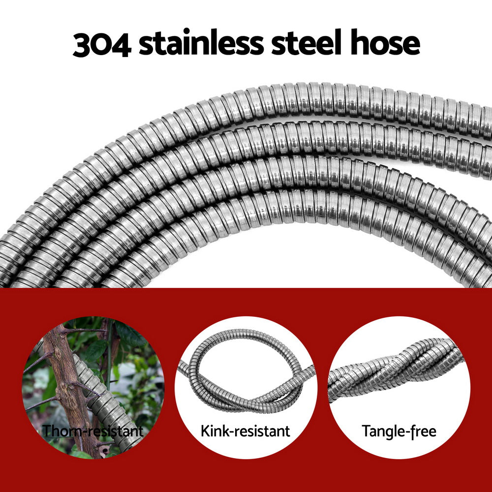 30m Stainless Steel Water Hose, 6-Pattern Nozzle - Giantz