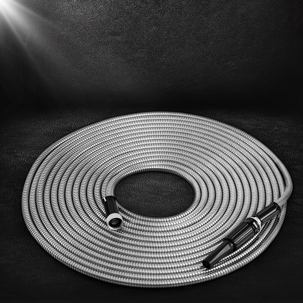 30m Stainless Steel Water Hose, 6-Pattern Nozzle - Giantz