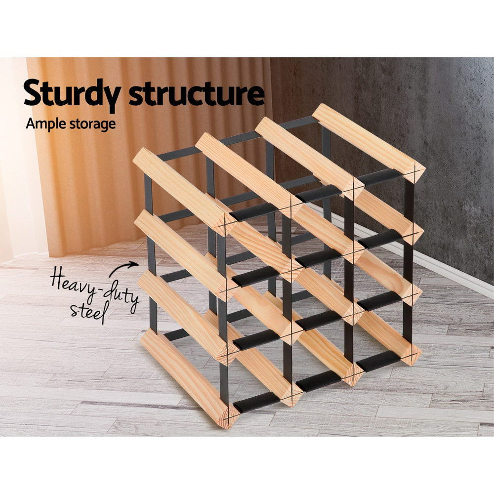 12-Bottle Wine Rack Natural Pine Steel Frame