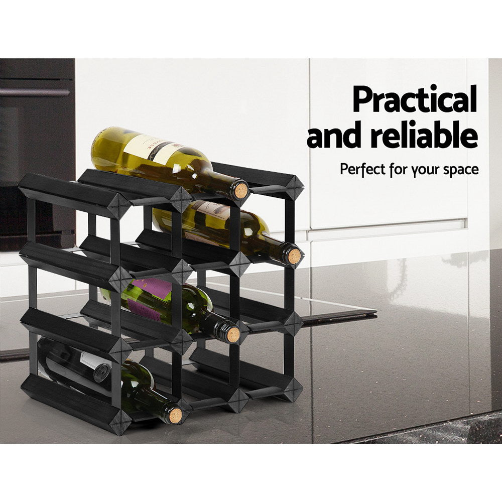 Artiss 12-Bottle Wine Rack Black Pine Wood Steel