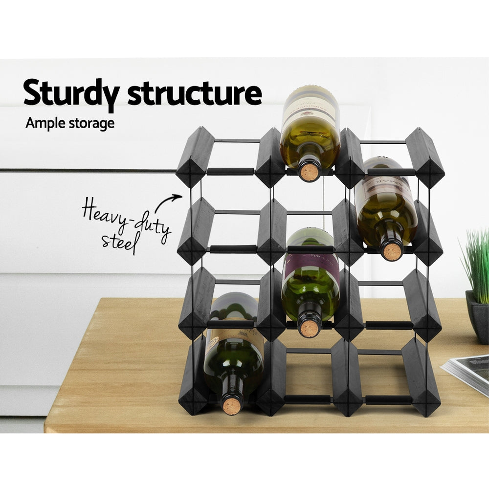 Artiss 12-Bottle Wine Rack Black Pine Wood Steel