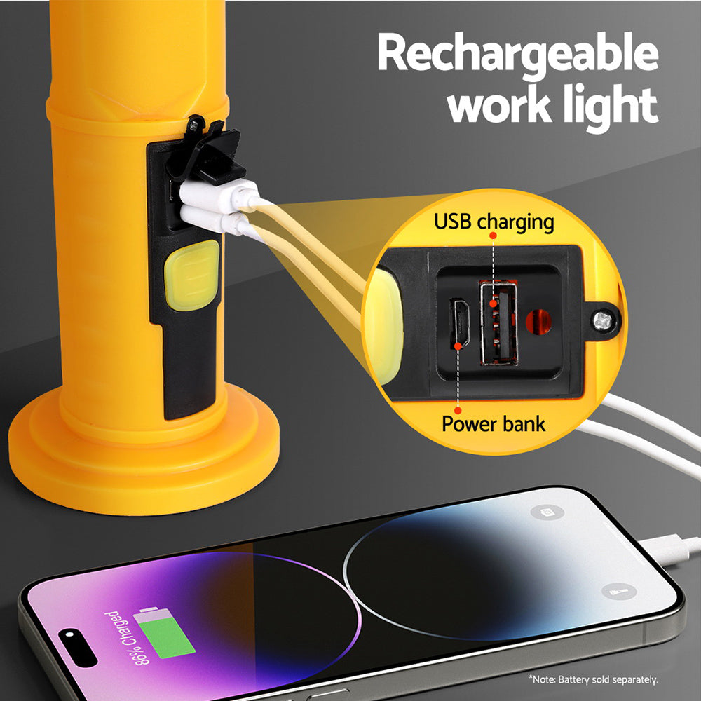 Giantz Cordless LED Work Light Rechargeable USB Folding Hook Yellow/Black
