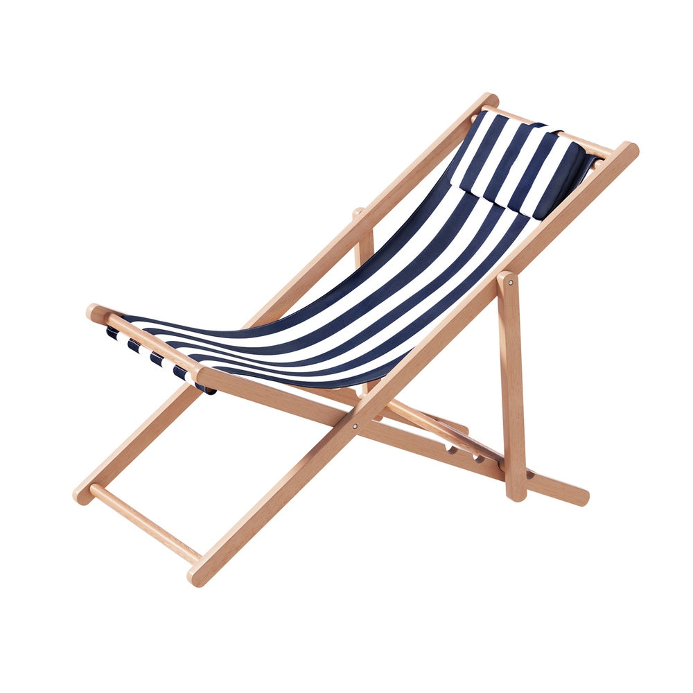 Brighton Wooden Sun Lounge Folding Deck Chair Blue Stripes