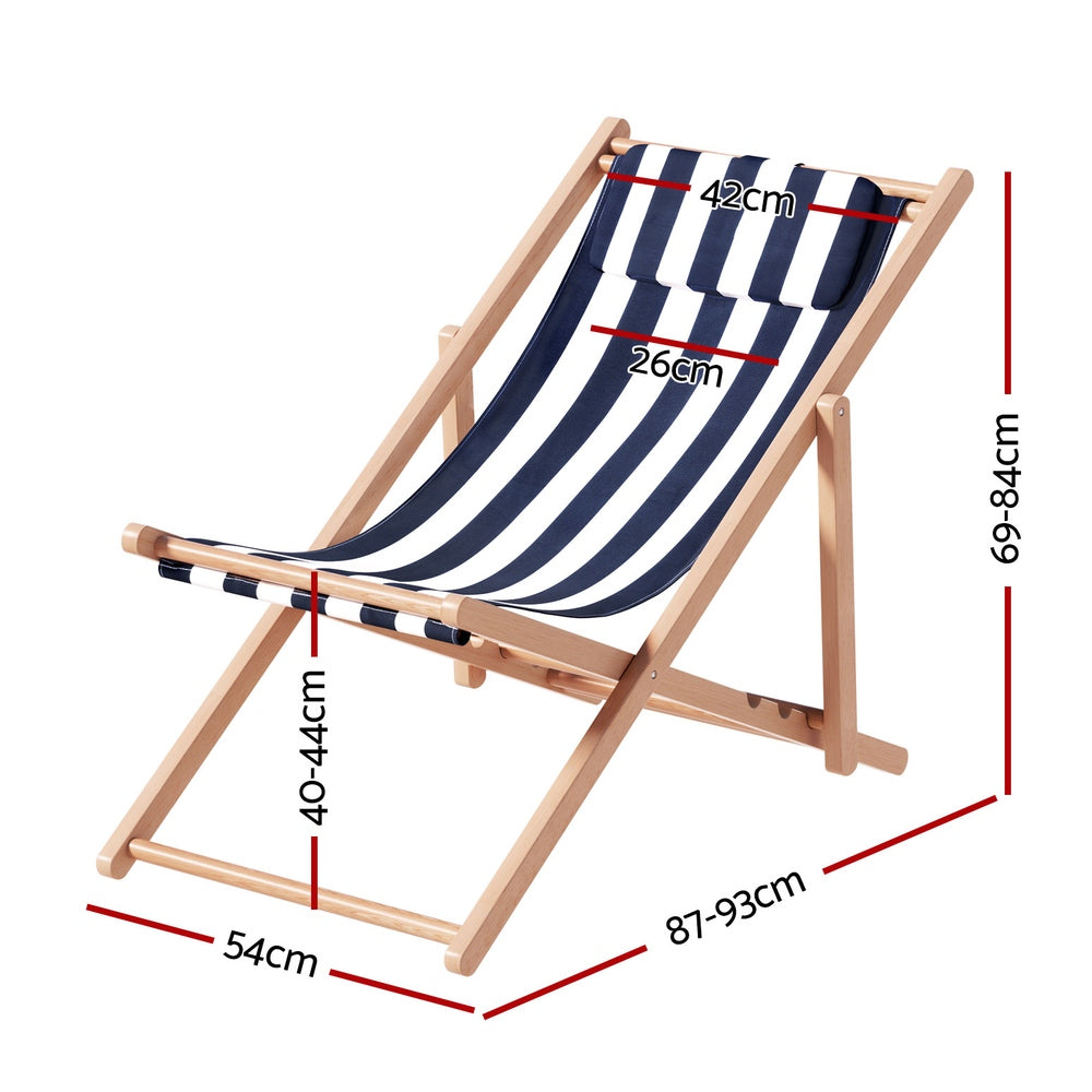 Brighton Wooden Sun Lounge Folding Deck Chair Blue Stripes