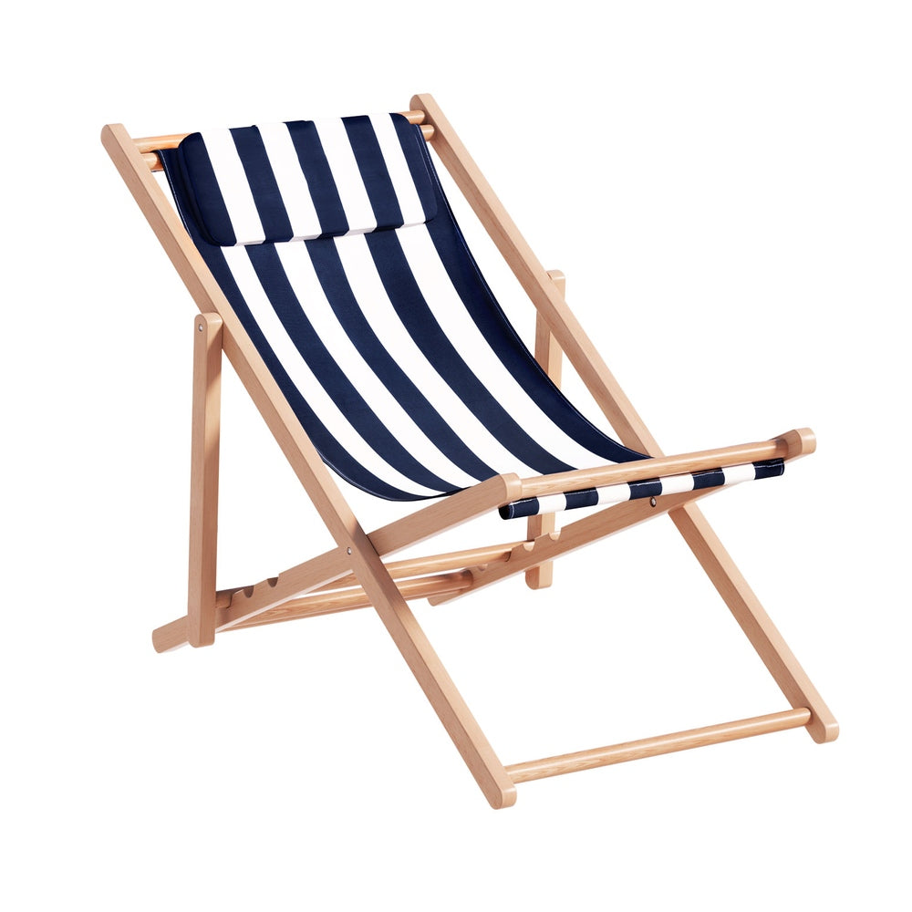 Brighton Wooden Sun Lounge Folding Deck Chair Blue Stripes