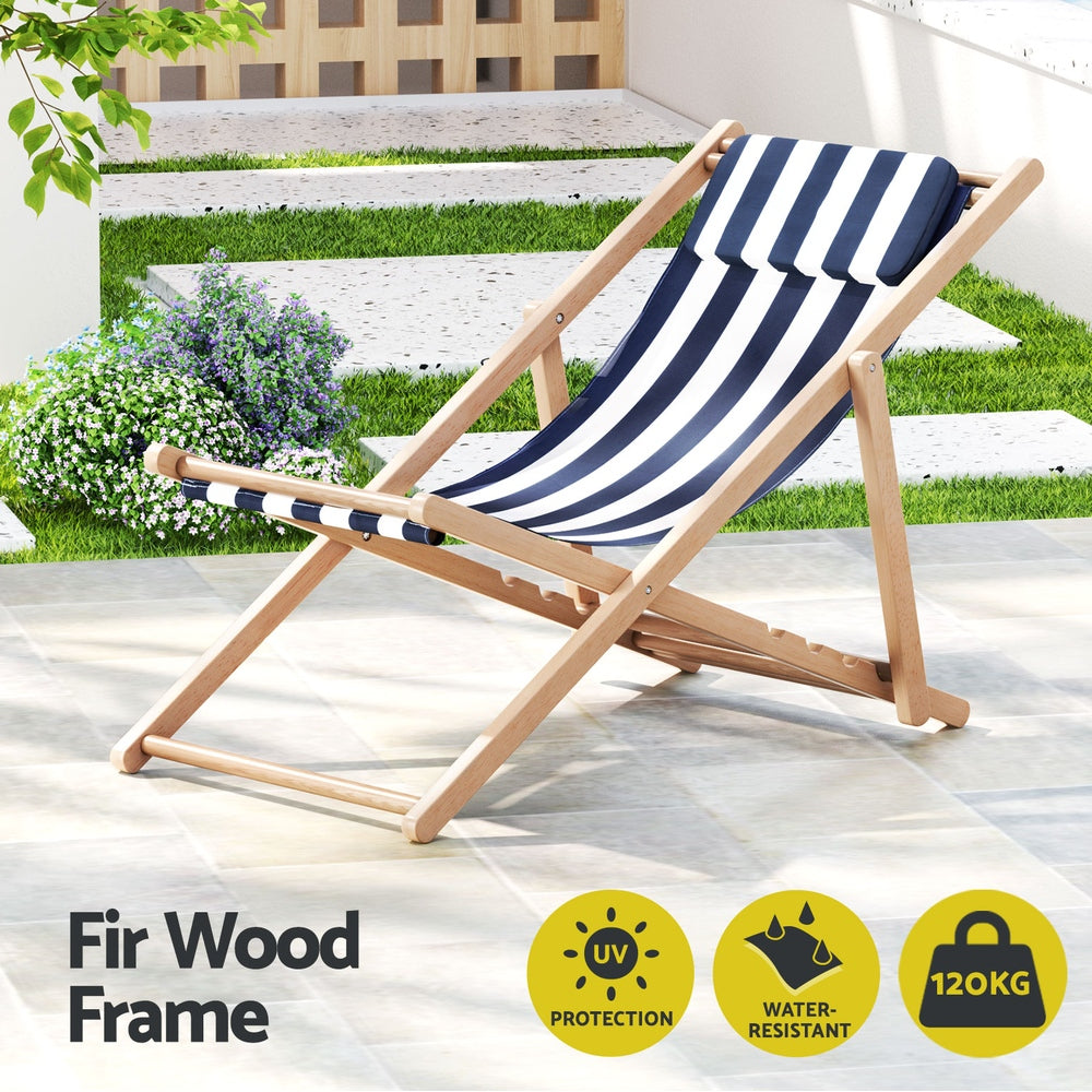Brighton Wooden Sun Lounge Folding Deck Chair Blue Stripes