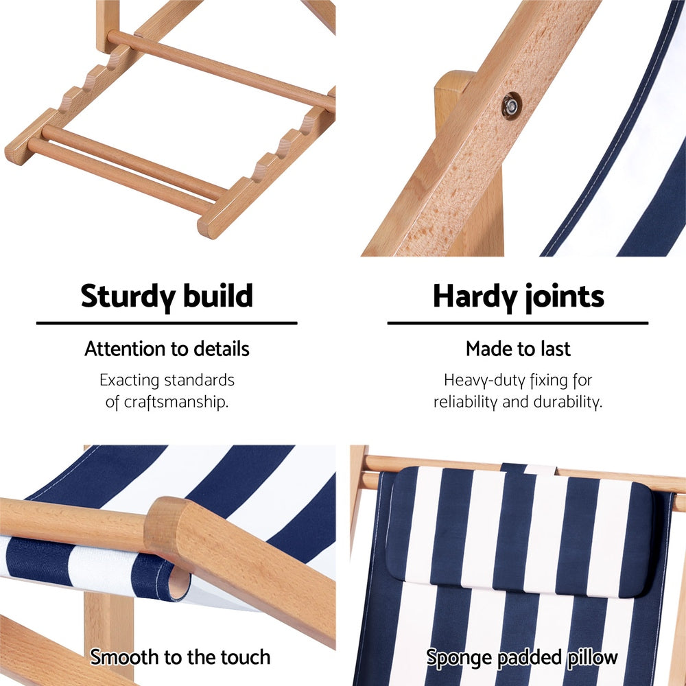 Brighton Wooden Sun Lounge Folding Deck Chair Blue Stripes