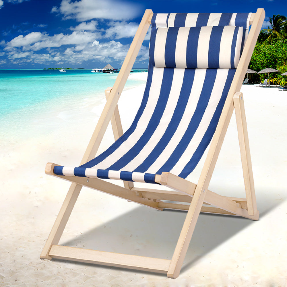Brighton Wooden Sun Lounge Folding Deck Chair Blue Stripes