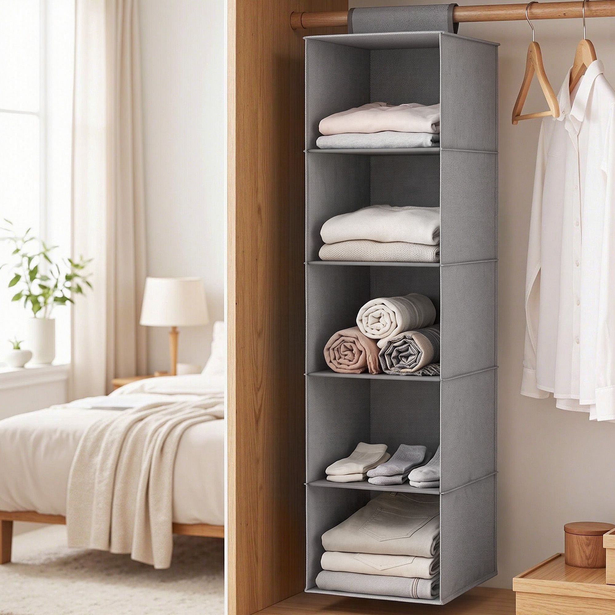 Artiss Hanging Closet Organiser 5 Tier Wardrobe Storage Grey 104cm