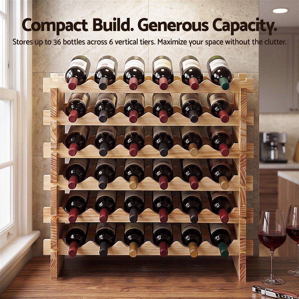 Artiss 36 Bottle Wooden Wine Rack 6 Tier Natural Pine