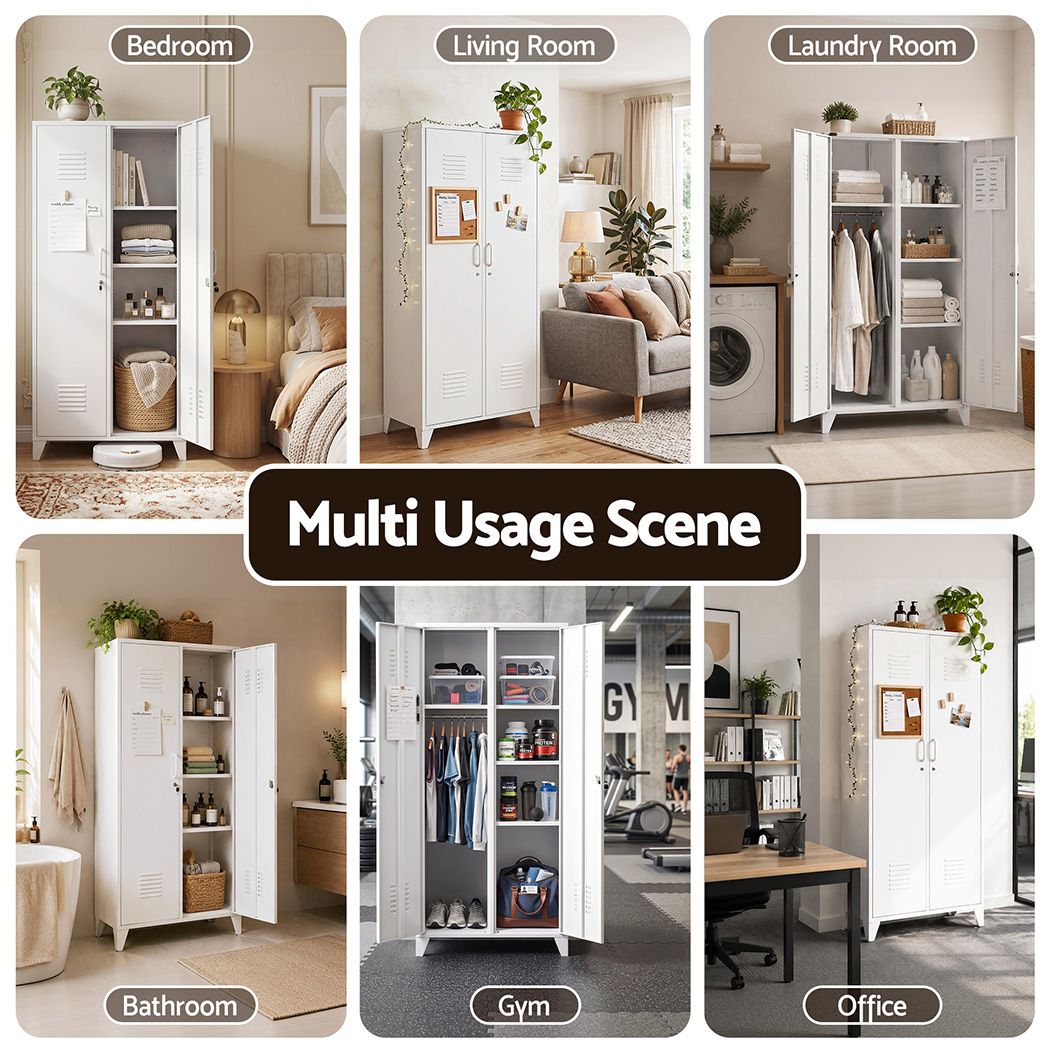 Artiss 2-Door Wardrobe Lockable Cabinet Storage Closet Hanging Rail Adjustable Shelves Cream White