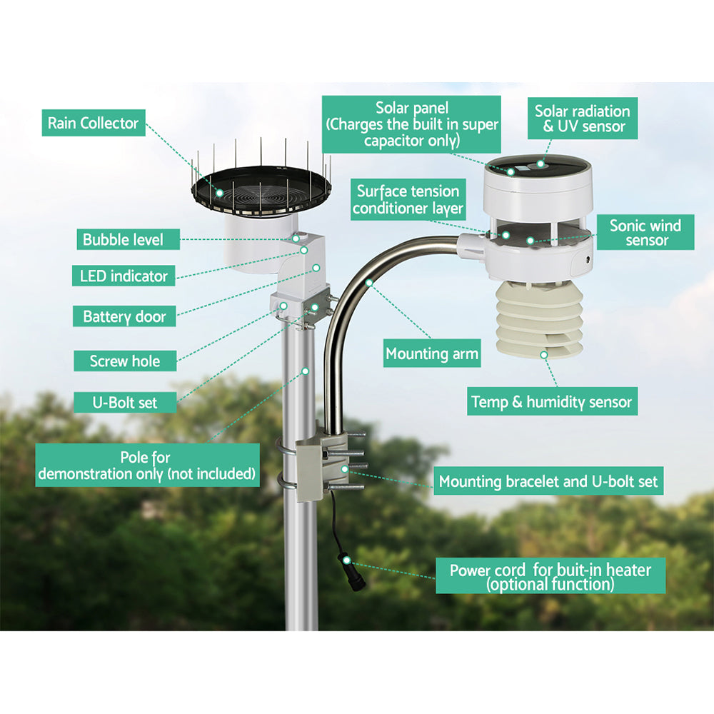 Devanti Outdoor Weather Station WiFi Ultrasonic Anemometer Solar Rain Gauge