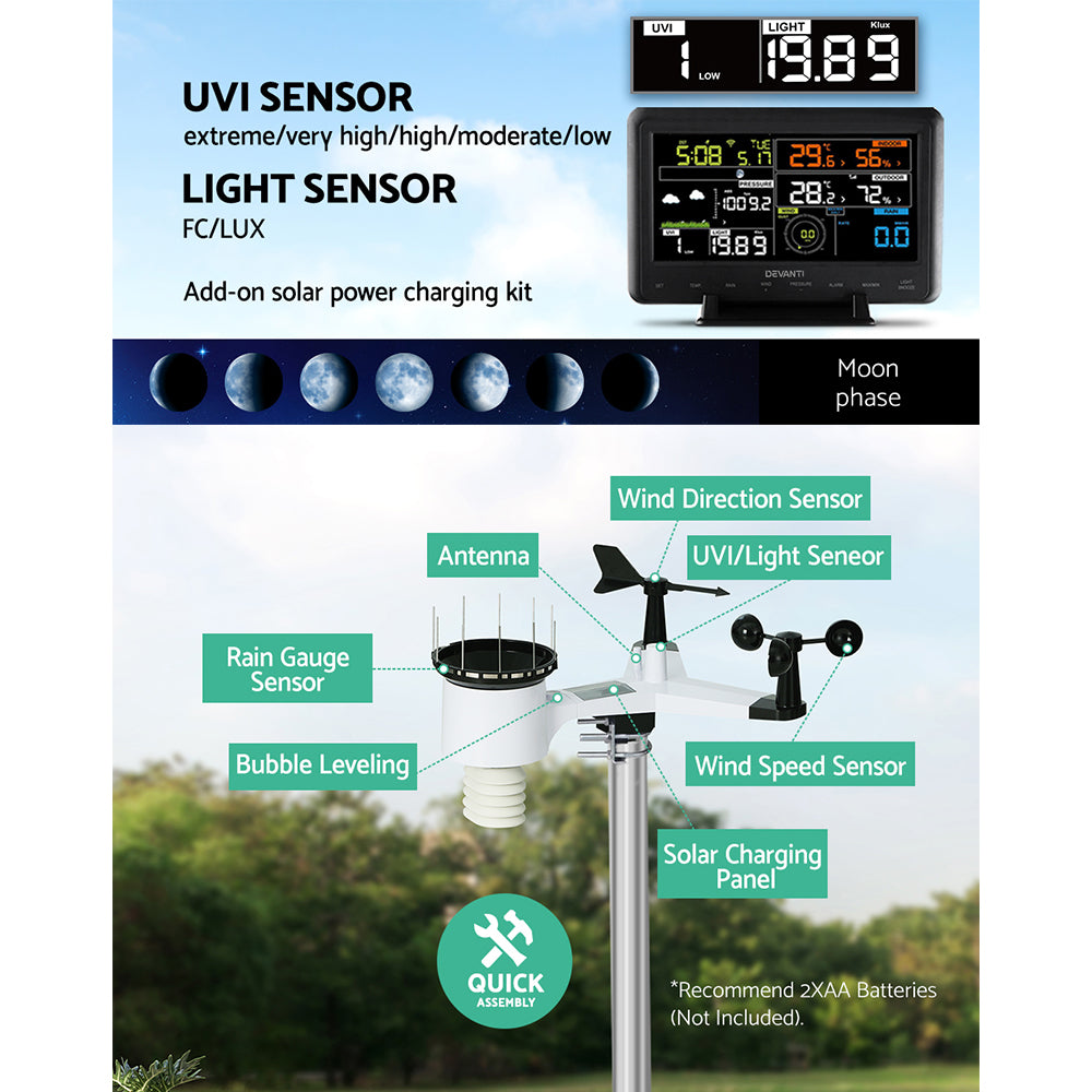 Devanti Wireless Weather Station Indoor Outdoor WiFi Solar Sensor